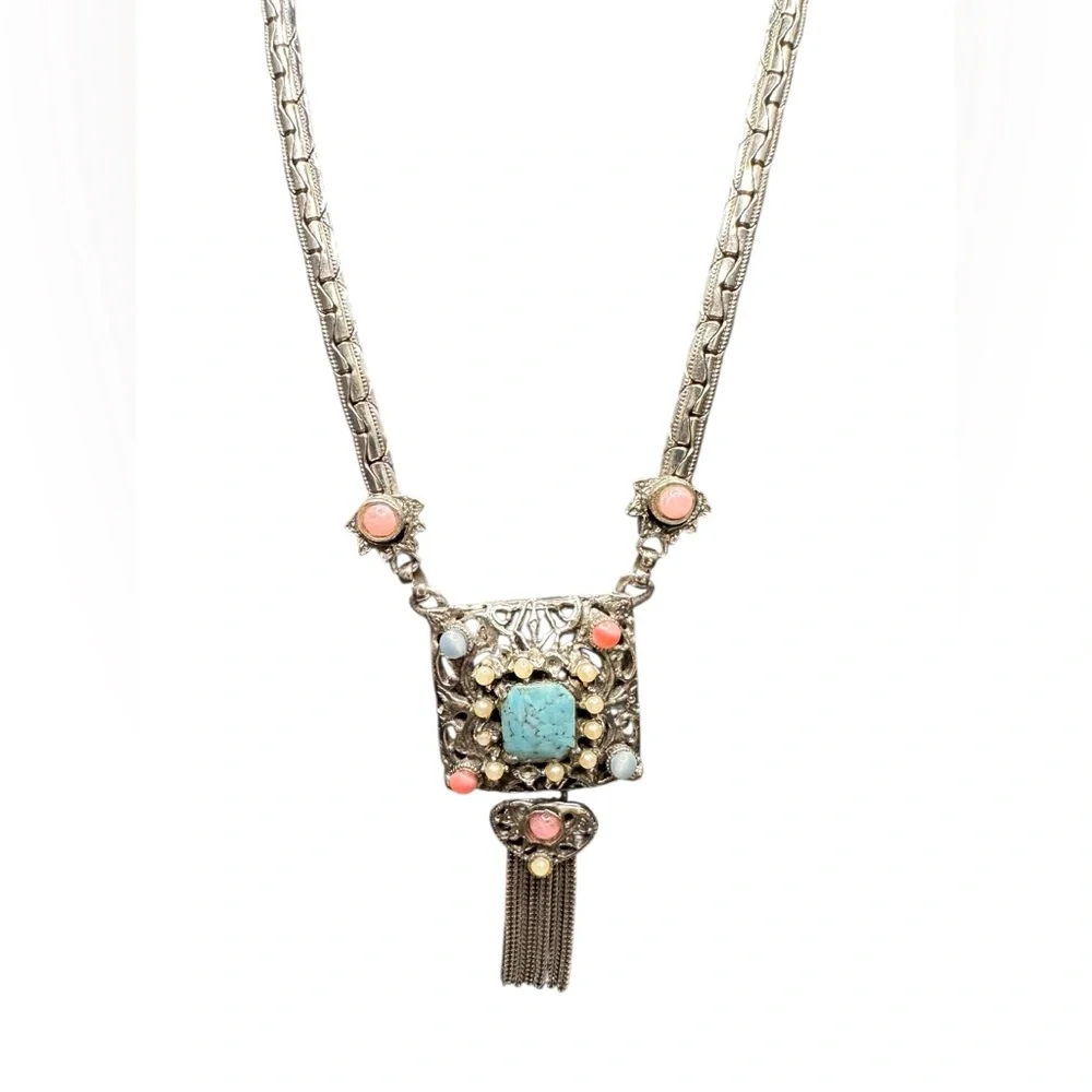 Vintage Etruscan Choker Necklace Tassel Heart Silver Tone Unsigned MCM Statement